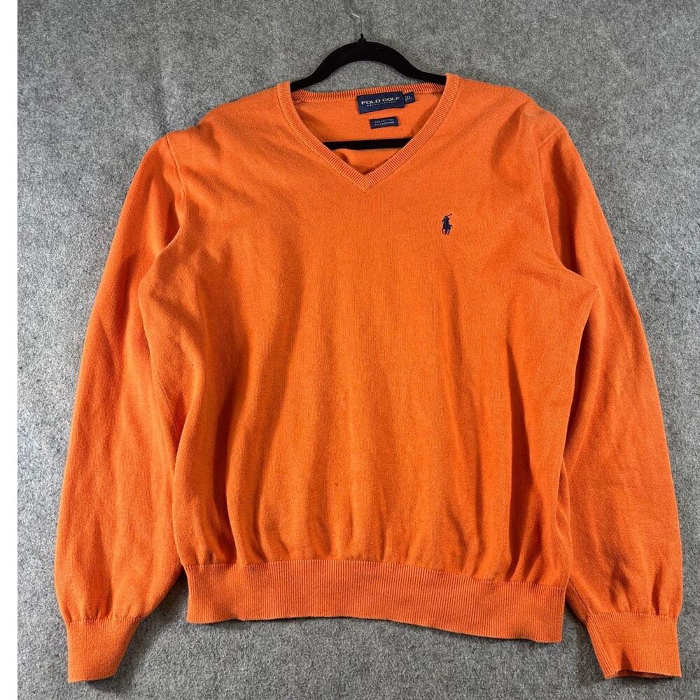 Polo Golf Ralph Lauren Sweater Mens Large Orange Vneck Cashmere Knit Minimalist